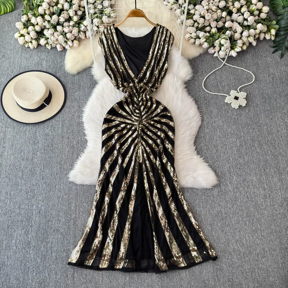 

Elegant Glitter Sequin V-neck Sexy Backless Sleeveless Fashion Slim Long Dresses French Evening High Street Clothing