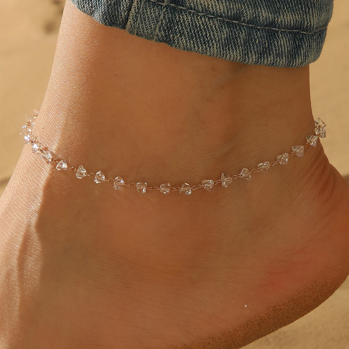 QIAMNI Summer Bohemia Crystal Cubic Zirconia Anklet For Women Girls Ankle Bracelet Leg Chain Beach Party Travel Foot Jewelry