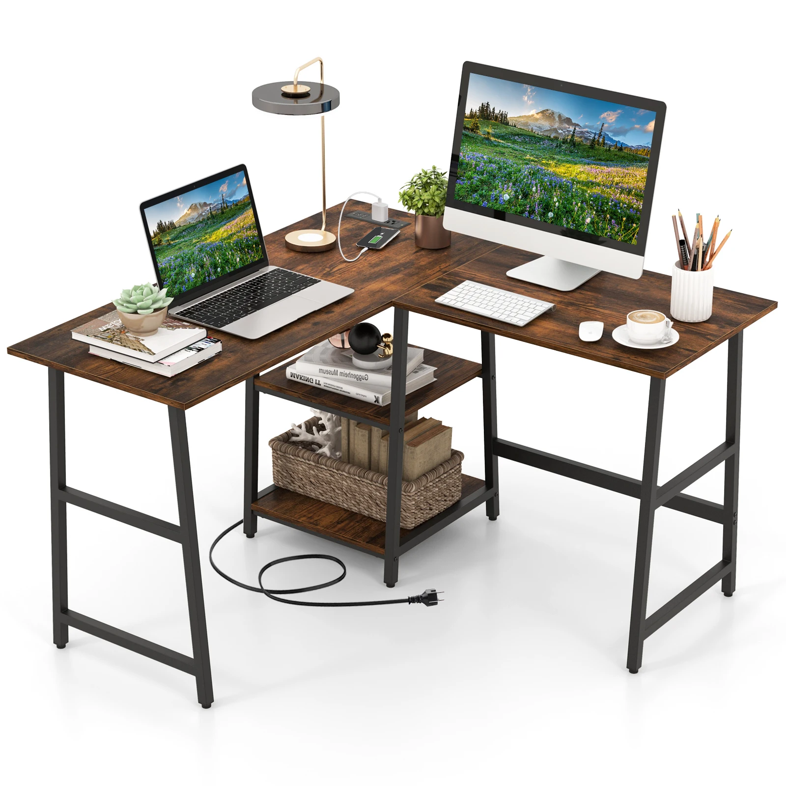 Escritorio Esquinero 120 x 120cm, Tomas de Corriente y Puertos USB, Escritorio en L con 2 Estantería, Estructura de Metal, Mesa Gaming L Oficina Casa