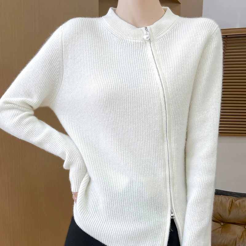 Fashion Women Diagonal Zipper Cardigan Cashmere Long Sleeves Sense 100% Merino Wool Sweater Clothing Top Casual Solid Color
