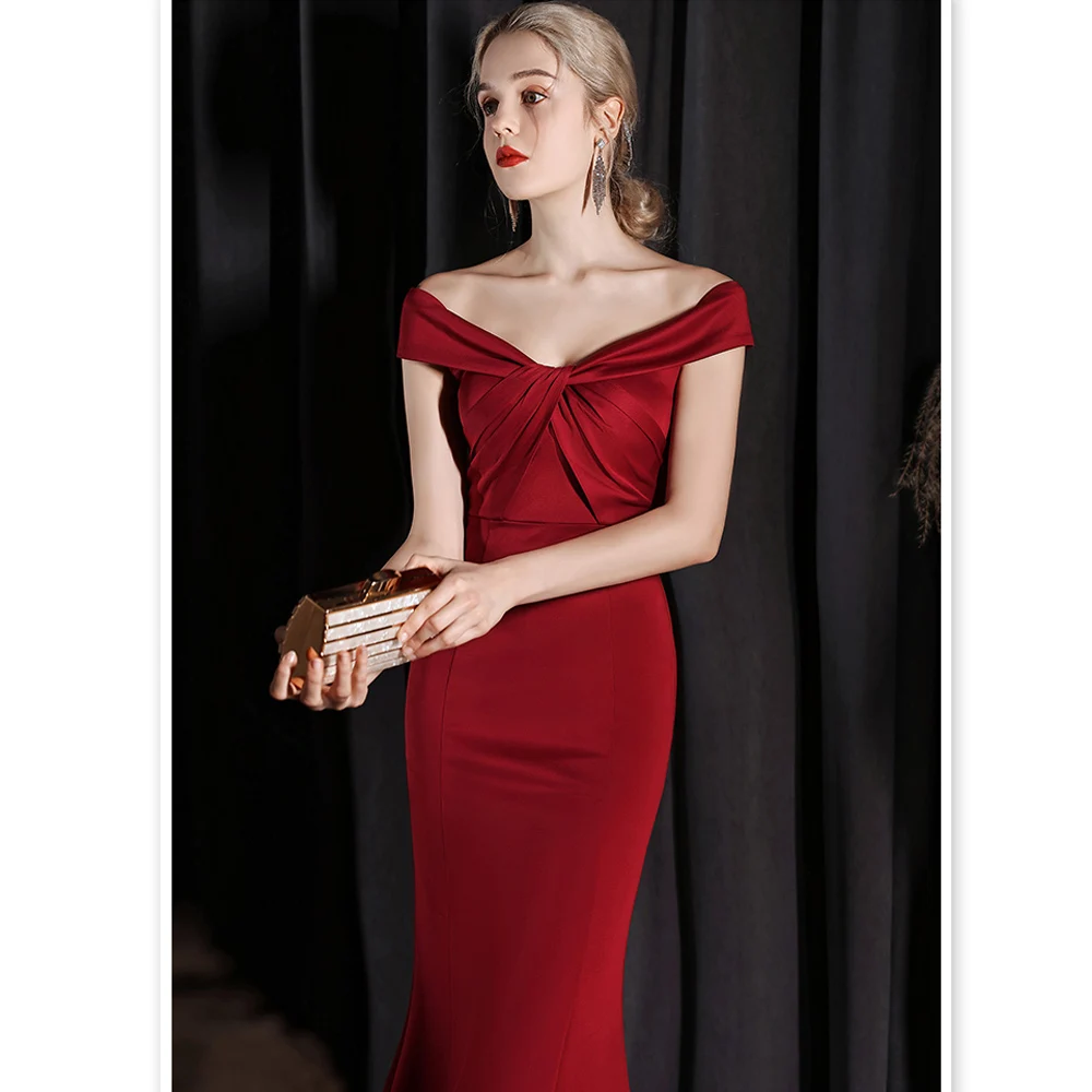 DEERVEADO Off Shoulder Soft Satin Mermaid Evening Dress with Train Wine Red Formal Party Dresses Women Sexy Long Prom Dress