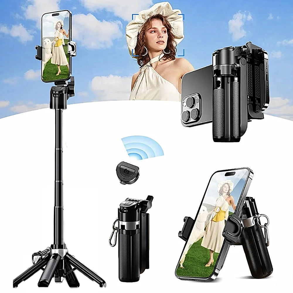 COOL DIER 2025 Diseño actualizado Mini Bluetooth Portátil Telescópico Multifuncional Trípode de metal Teléfono Selfie Stick con llavero