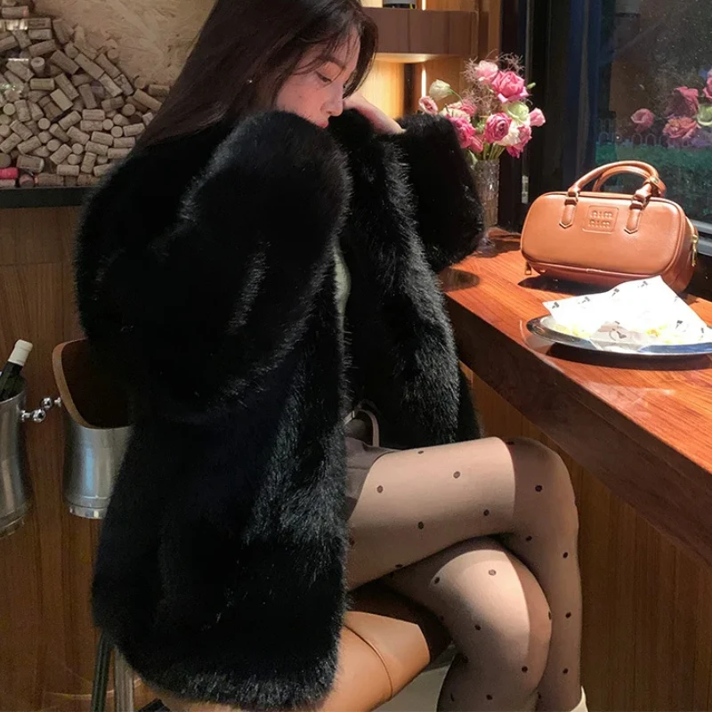 Women Faux Fox Fur Coats Maxi Mid Length Jackets Stand Collar Loose Autumn Winter Elegant Full Sleeve Coat Top Thick Outerwear