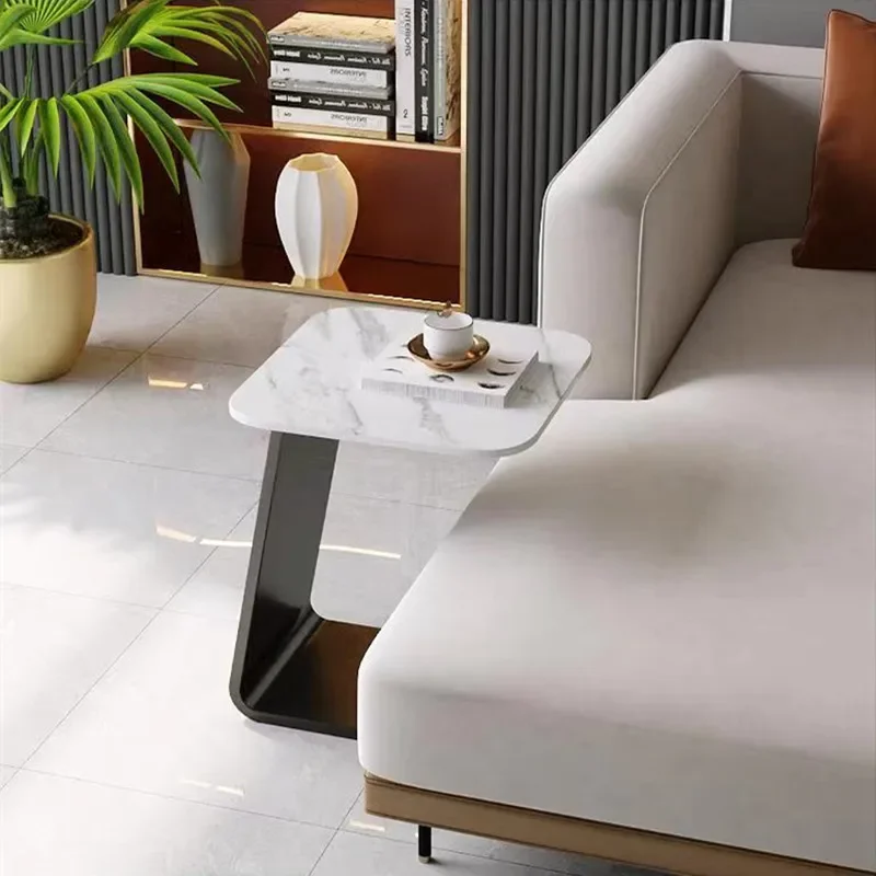 Modern light luxury small apartment rock slab sofa edge C-type coffee table square movable bedside corner creative round table