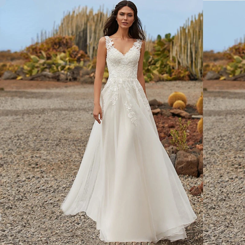 

Элегантное свадебное платье трапециевидной формы с аппликацией в стиле бохо, 2026, иллюзорное кружевное платье на пуговицах сзади, свадебные платья из тюля с длинными рукавами