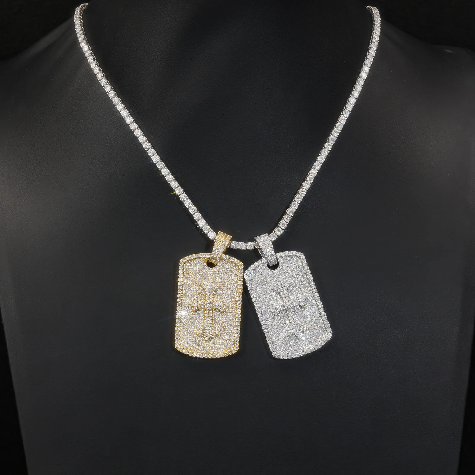 Hip Hop Iced Out Tag Pendant With Cross Full Zircon / Moissanite Religious Army Tag Charm Necklace Bling Jewelry Gift For Rapper