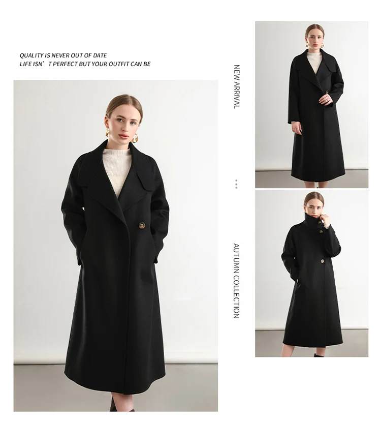 Pure Wool Trench Coat 100% Woolen Overcoat Dense Fabric New Women Turn-down Collar Handmade Long Coat Winter Jacket #20