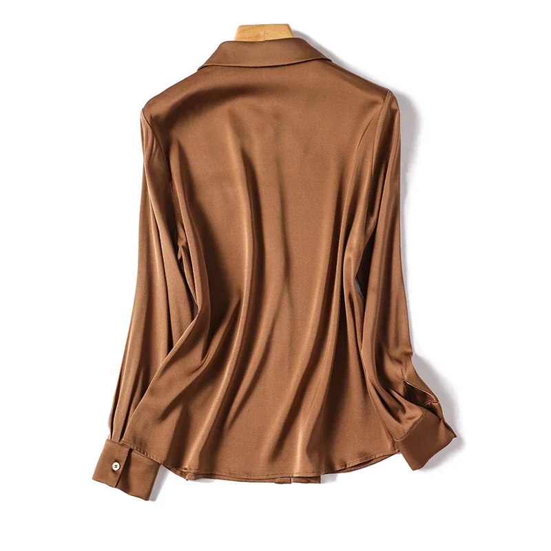 Vintage Solid Light Brown Elegant Silk Blouse Autumn Spring Long Sleeve Shirt Women Tops Turn Down Collar Satin Clothes 24394