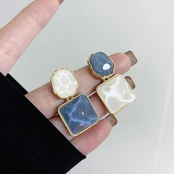 Asymmetric Blue Square Ripple Resin Earrings for Women Clip on Earrings Geometry Irregular Unique Design Sense Jewelry Gift 2024