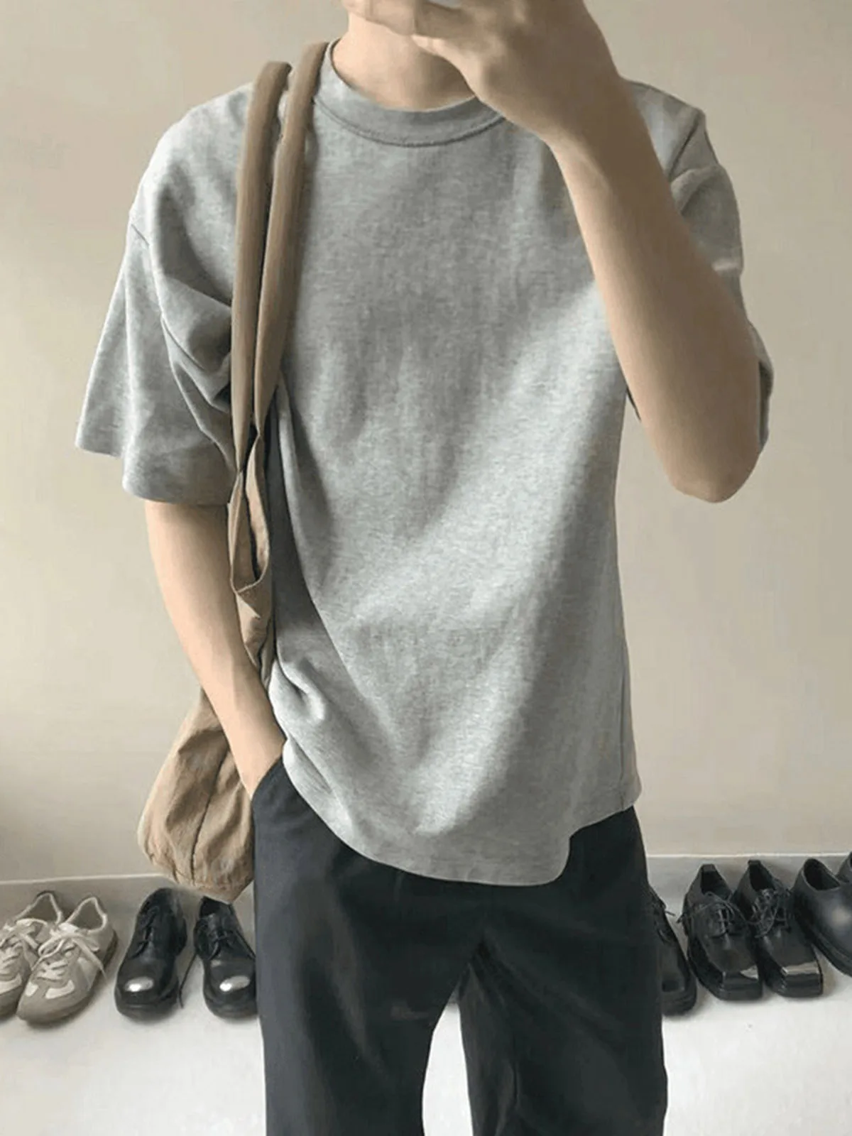 Heavyweight Grey Short Sleeve T-Shirt Men's American Cleanfit Half Sleeve Small Collar Five-Point Base Shirt Simple Casual Wear