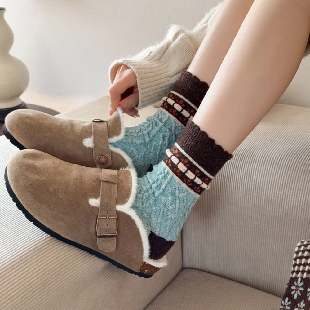 2 زوج الريف نمط المرأة الجوارب طويلة الشتاء الدفء جوارب من الصوف. طباعة لطيف موضة اليابان الشارع امرأة القدم الجوارب مجموعة #4