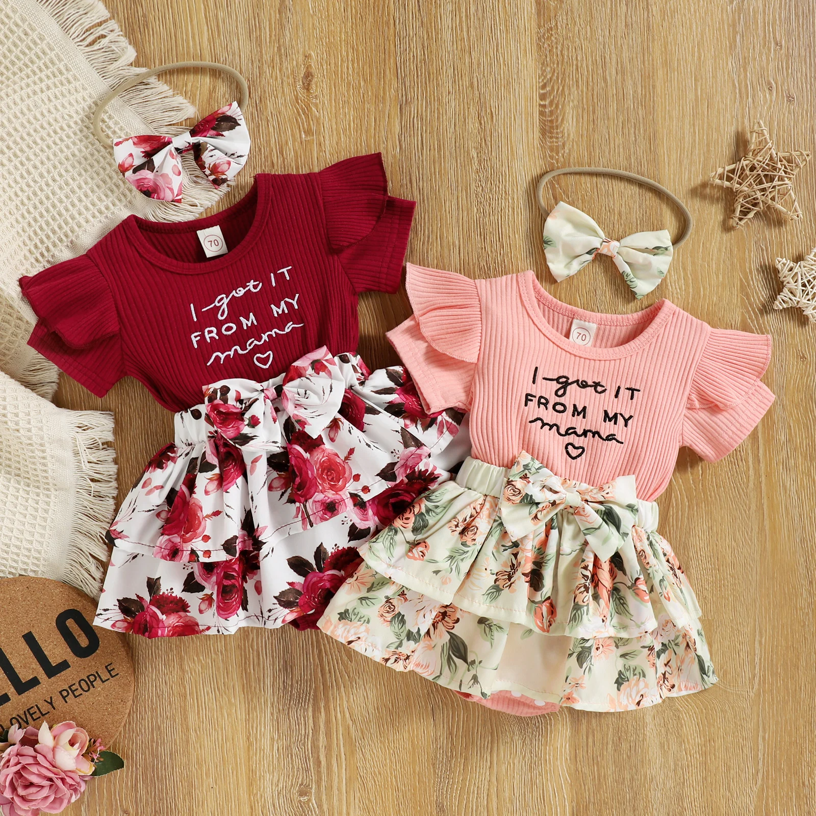 

Newborn Baby Girl Floral Romper Dress Short Fly Sleeve Ribbed Ruffle Skirt Cute Summer Clothes and Headband