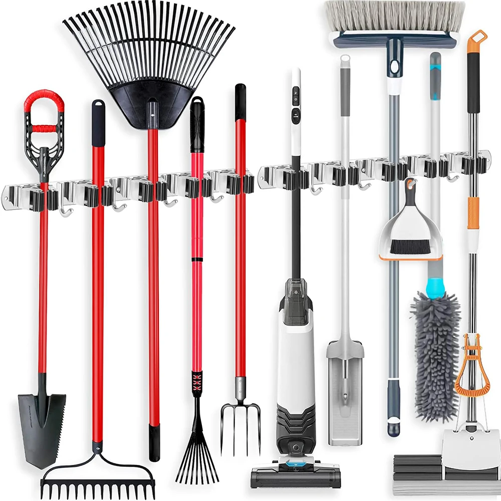 Stainless Steel Mop and Broom Holder Wall Mounted Multi-Functional Bathroom Kitchen Storage Rack Garage Garden Tools Organizer