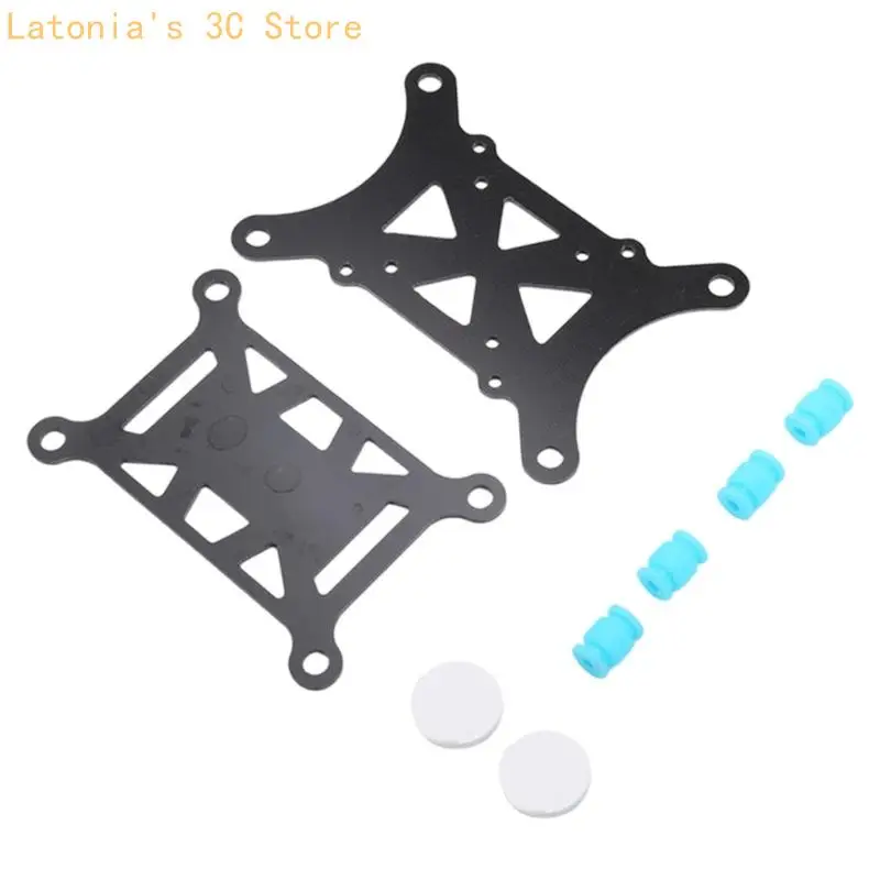 Black Flight Controller Mounting Assembly with Two Plate Components and Four Blue Cylindrical Supports For Vibration Damping