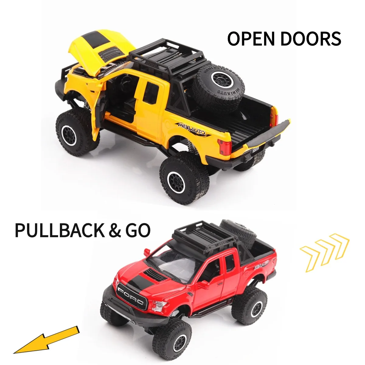 Ford F150 Raptor Scale 1:32 Pullback Car Toy with Lights Engine Sound, VW Mercedes Metal Diecast Car Model Gift Kid Boy Toy