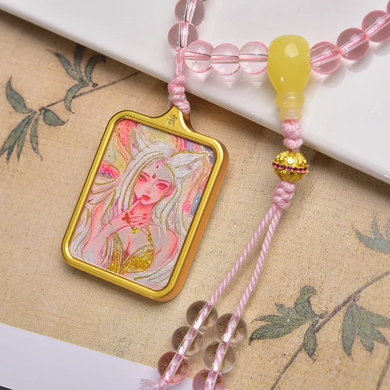 Tibetan Fox Immortal Thangka 108 Prayer Bead Pendant, hand woven in Tibetan style with multiple loops, handheld and paired with