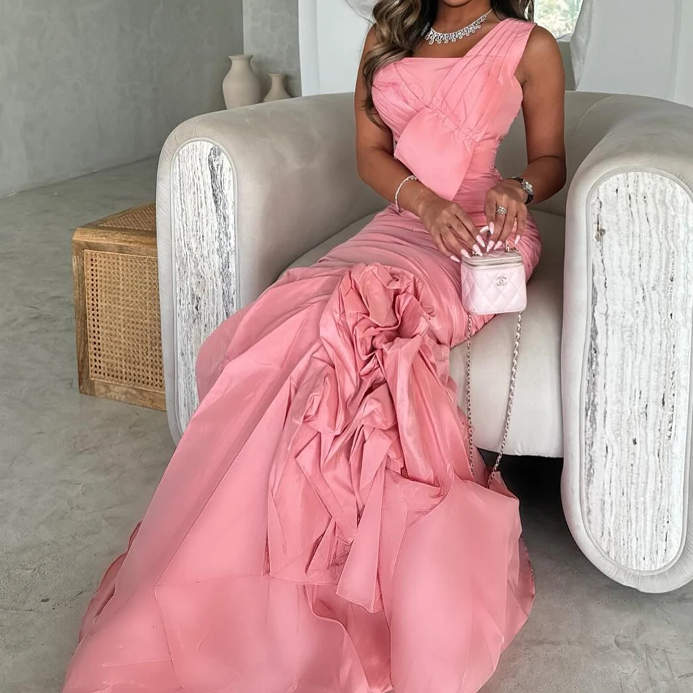 Mermaid One Shoulder Satin Sleeveless Photo Color Fashion and Temperament Evening Gowns Flowers Ruched Pleats Saudi Arabia 2024