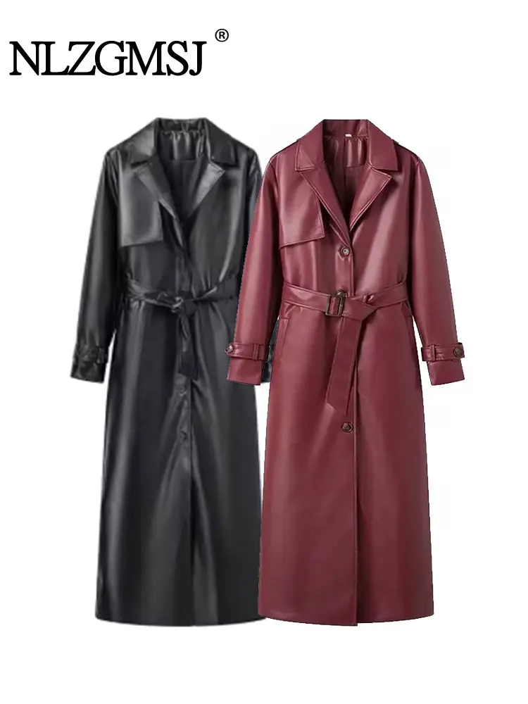 

2024 Women New Fashion With Belt Long style Single Breasted Faux Leather Coat Vintage Long Sleeve Pockets Female Outerwear