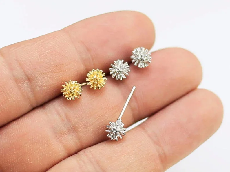 6pcs Snow Ball Stud Earrings, Dandelion Earring Post, Dainty Christmas Earrings, Real 14K gold plated, Earring Supplies - GS133