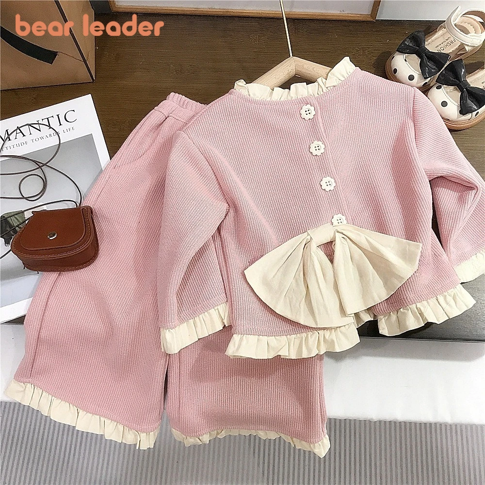 

Bear Leader Korean Version Fashion Plain Girls Clothes Spring Autumn Bow Color Blocked Long Sleeved Top + Pants Children's Sets