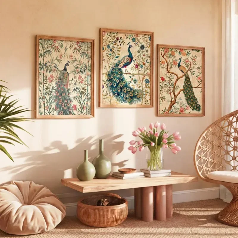 1pc frameless Canvas Painting Indian Colourful Floral Bamboo Poster Traditional Botanical and Bird Illustration Canvas Painting