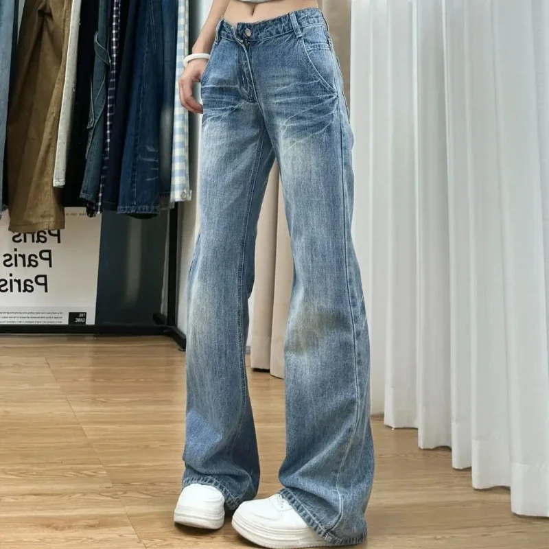 Bell Bottom Trousers South Korea Women's Flared Jeans Loosefit Medium Wash Teenagers R Gyaru Basics Cool Cowboy Pants for Woman