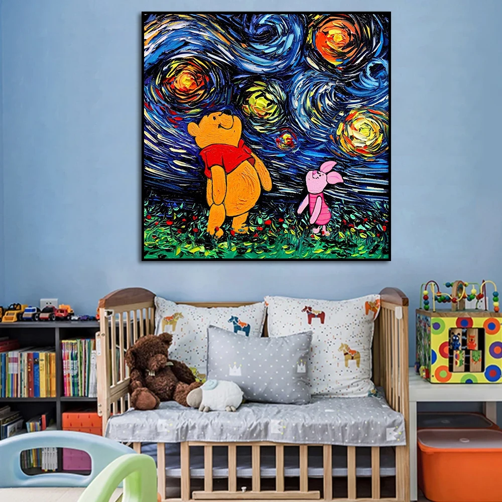 Winnie the Pooh and Piglet Poster, Van Gogh Style Canvas Painting Print, Modern Cartoon Wall Art, Kid Room Home Decor Cuadros