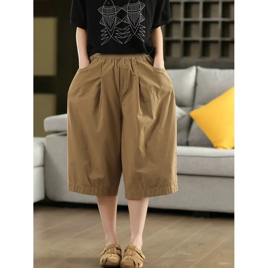 Pantalon rétro en coton et lin pour femmes, jambes droites, ample, taille élastique, amincissant, décontracté, couleur Pure, longueur de sept pieds