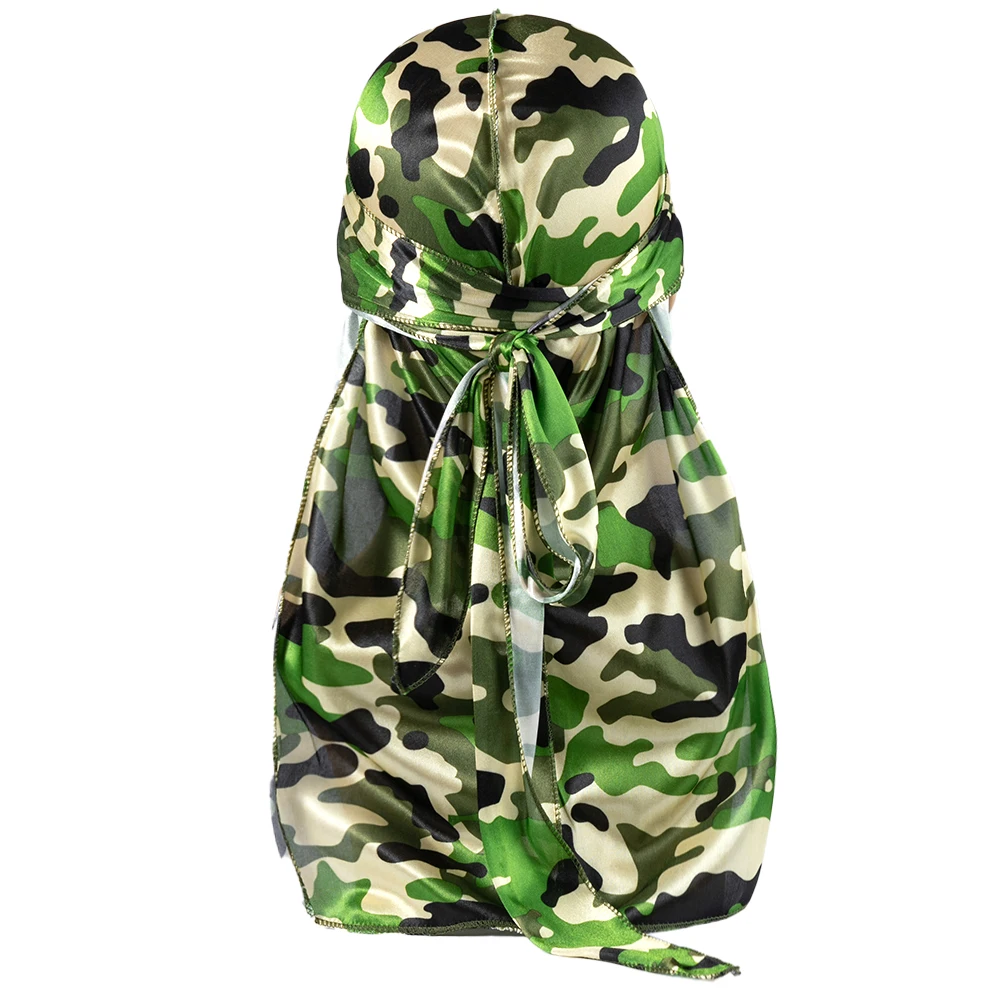 Camo Print Satin Silk Durag for Men, Silky Long Tail Headwrap, Tie Down Bandana, Breathable Head Scarf for Waves Hairstyle