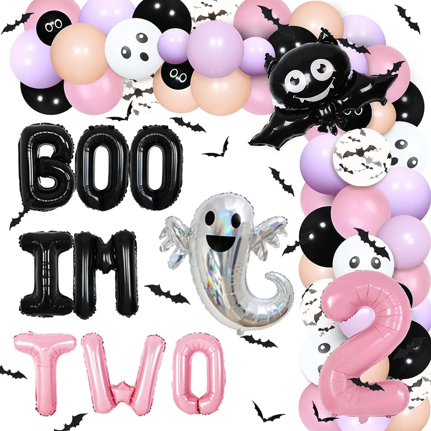 

Boo Im Two Halloween 2nd Birthday Party Decorations for Girl Pink Boo Im Two Bat Ghost Number 2 Foil Balloon for 2 Year Old Girl