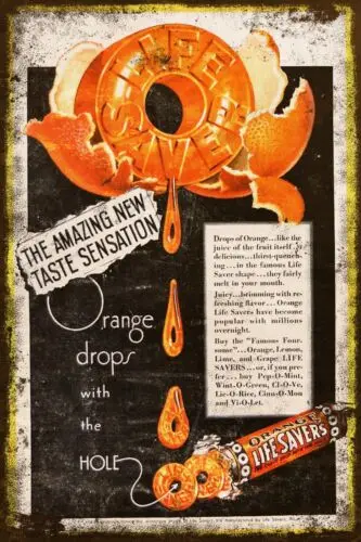 Vintage Lifesavers Orange Candy Sweets Advert, New Metal Sign Plaque, Aged Style