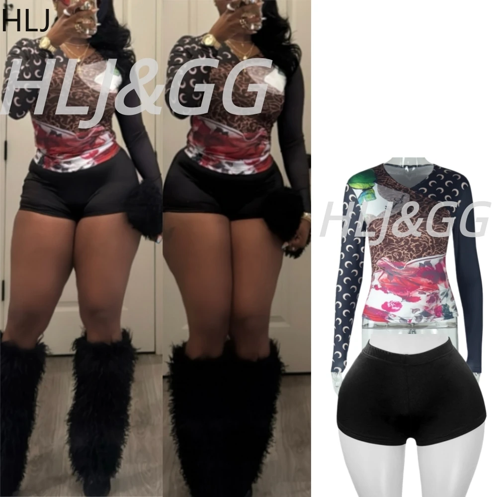 HLJ أسود موضة طباعة المرقعة بلايز قطعتين مجموعات النساء الخامس الرقبة طويلة الأكمام سليم بلوزات وسراويل وتتسابق Y2K الشارع الشهير BR