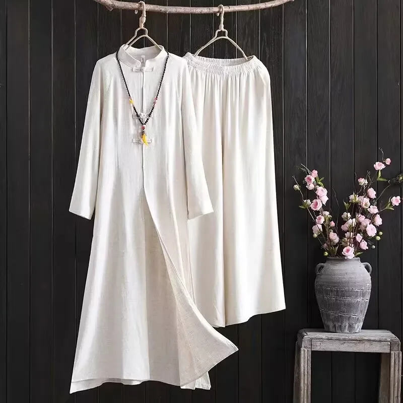 Retro Cotton and Linen Buddhist Meditation Suit Women Chinese Style Button Zen Tea Tai Chi Set