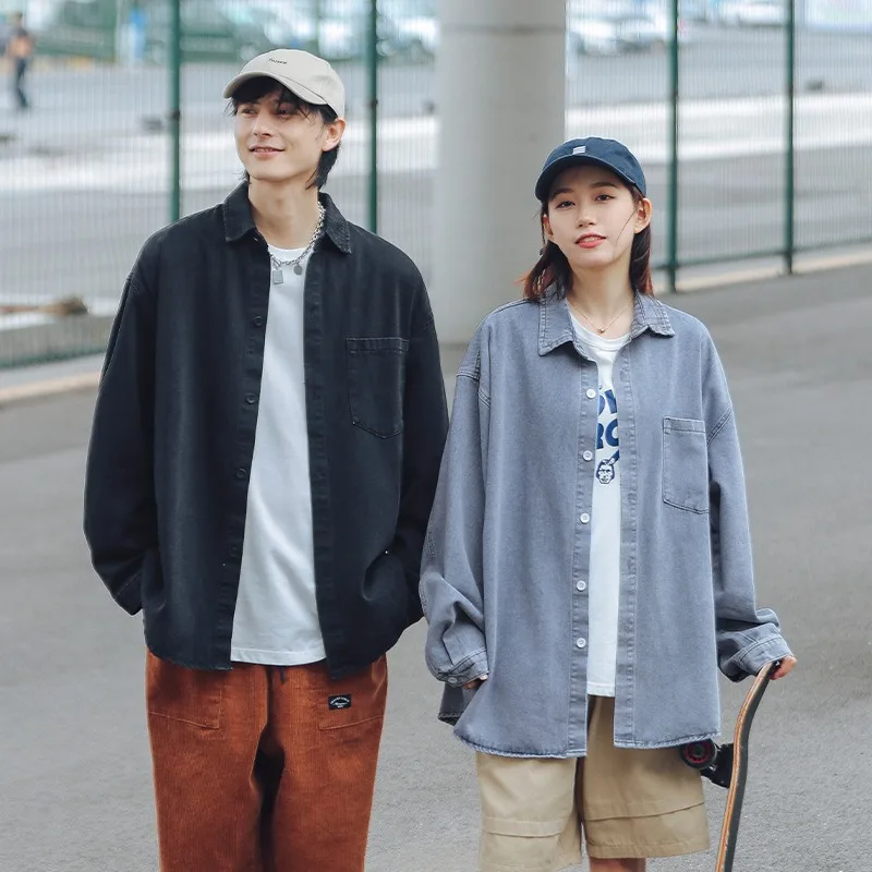 New Hong Kong-style Men Washed Denim Shirt for Spring Long-sleeved Loose and Versatile Shirt Jacket Fashionable Style Men's Wear