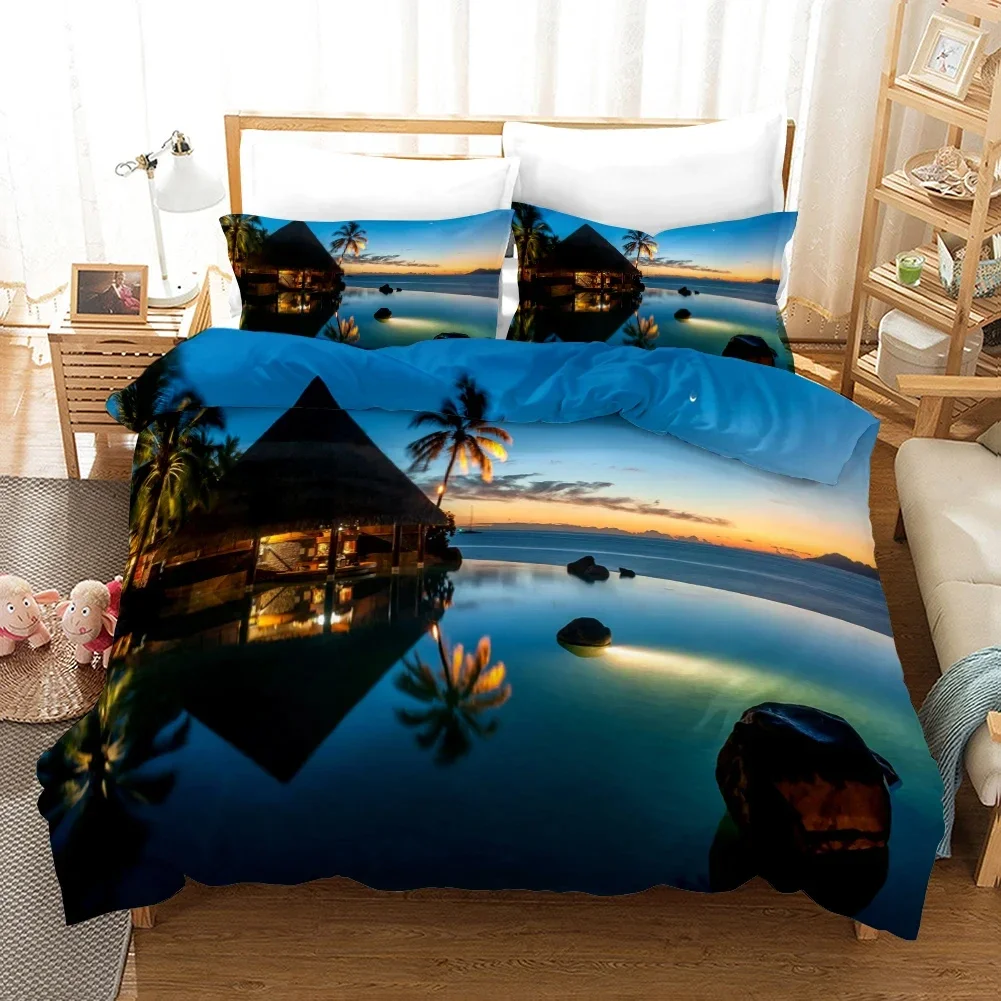 Beach Duvet Cover Set Polyester Tropical Island with The Palm Tree and Sea Beach Nature Theme Double Queen King Size Quilt Cover