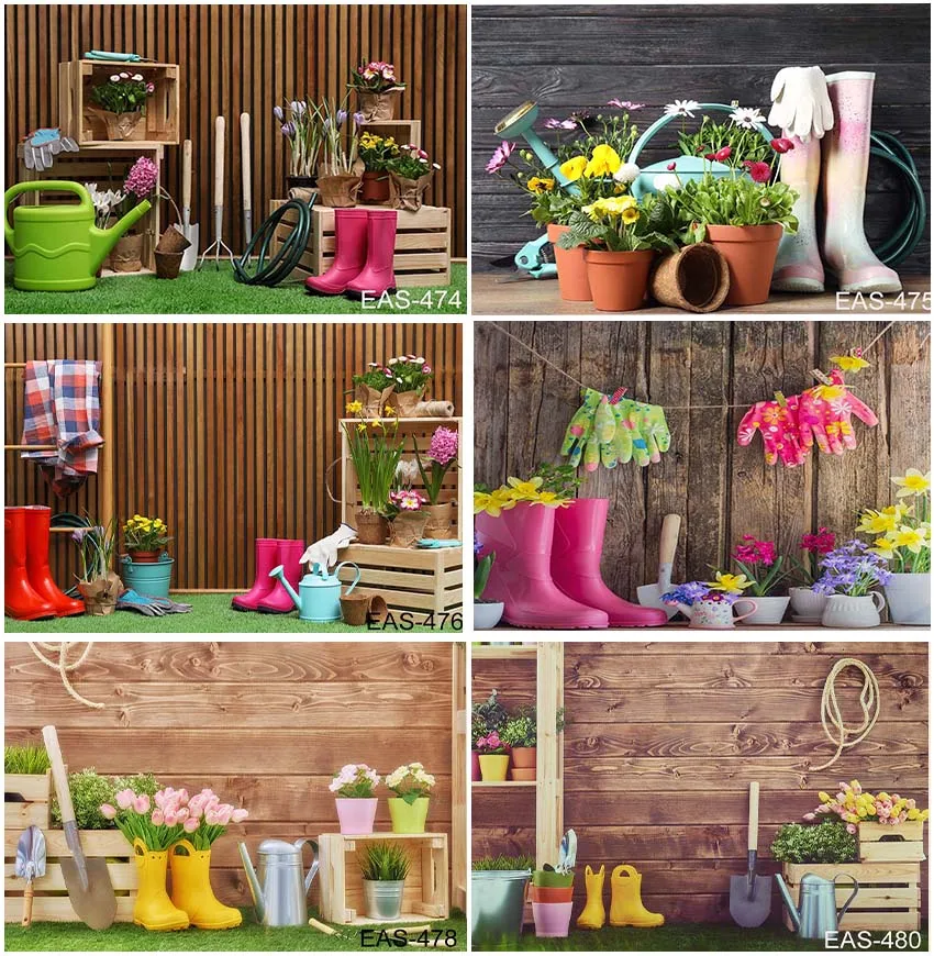 

Photography Spring Rain Shoes Watering Kettle Flowers Plants Courtyard Easter Baby Portrait Backdrop Supplies Banner Backgrounds