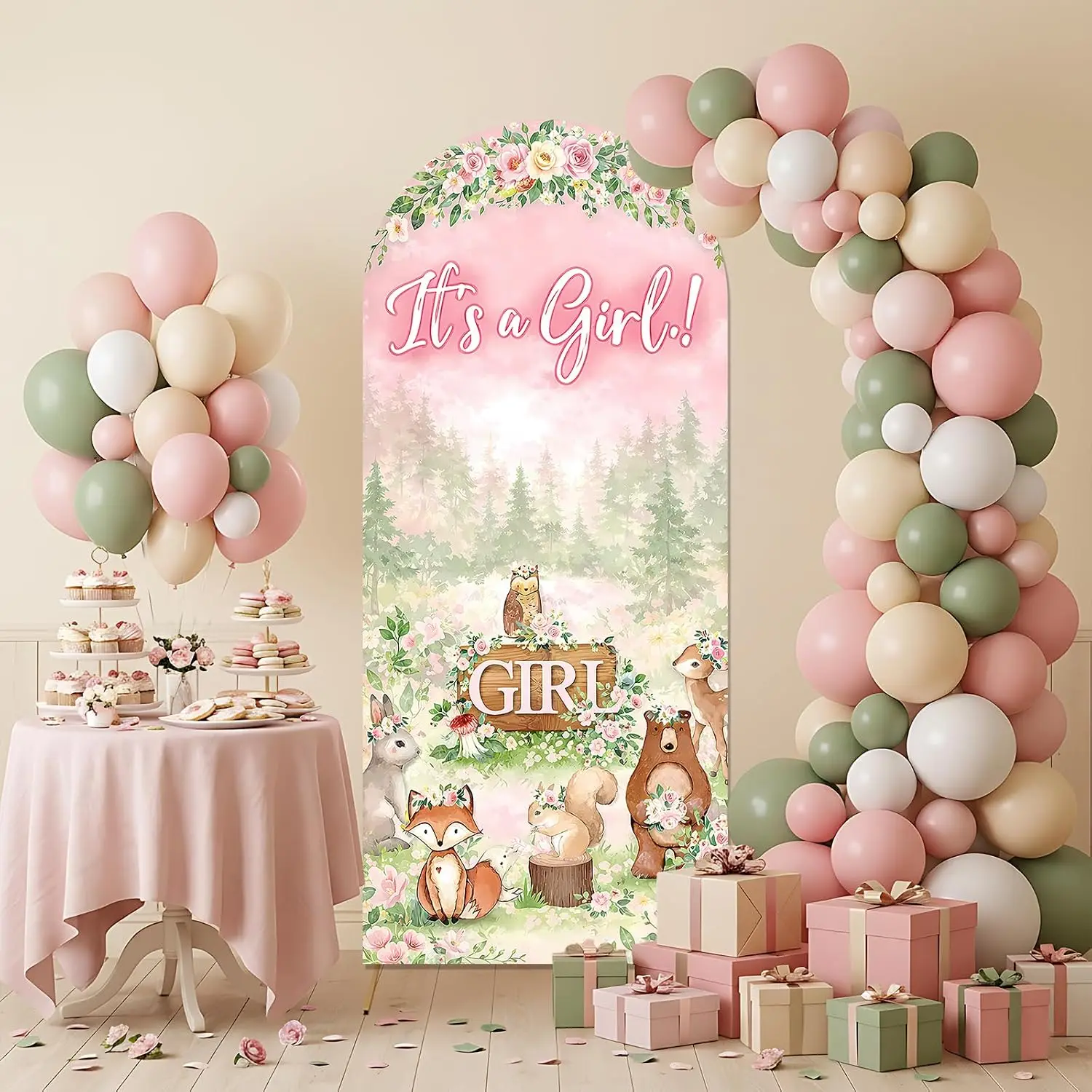 Custom 2-sided Woodland It's A Girl Baby Shower Arch Backdrop Cover Pink Forest Jungle Animal Background Gender Reveal Party