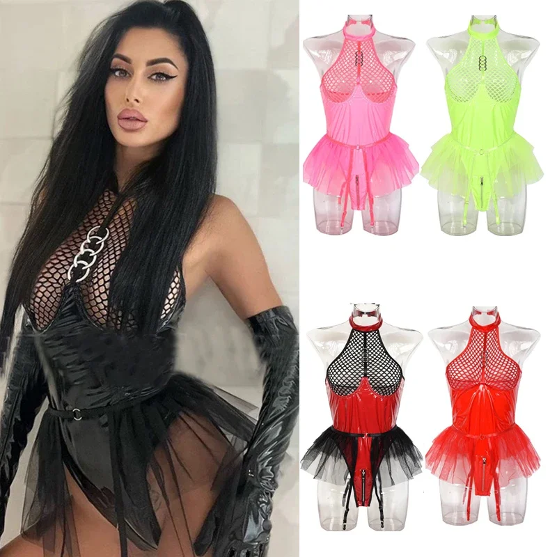 

Nightclub DJ DS Gogo Costume Sexy Pole Dance Clothing Women Patent Leather Black Red Mesh Bodysuit Skirt Rave Outfit XS5579