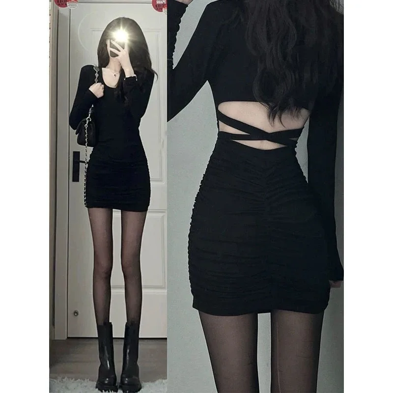 

Cross Bandage Hollow Out Sexy Slim Mini Dress Women Fashion Solid Sexy Backless Dresses Korean Black Nightclub Vestidos Y2k 원피스