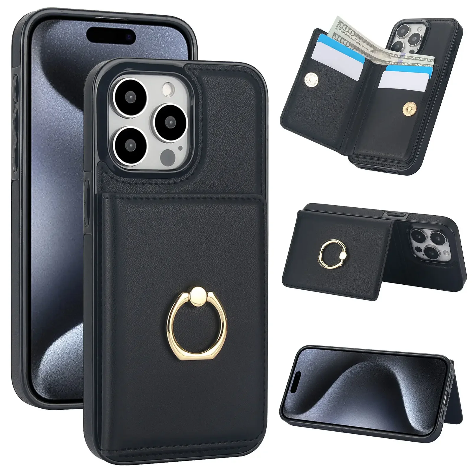 

Wallet Case with Card Holder,360° Rotation Ring Kickstand Magnetic Clasp and Durable Shockproof Cover for iPhone 16 Pro Max Plus