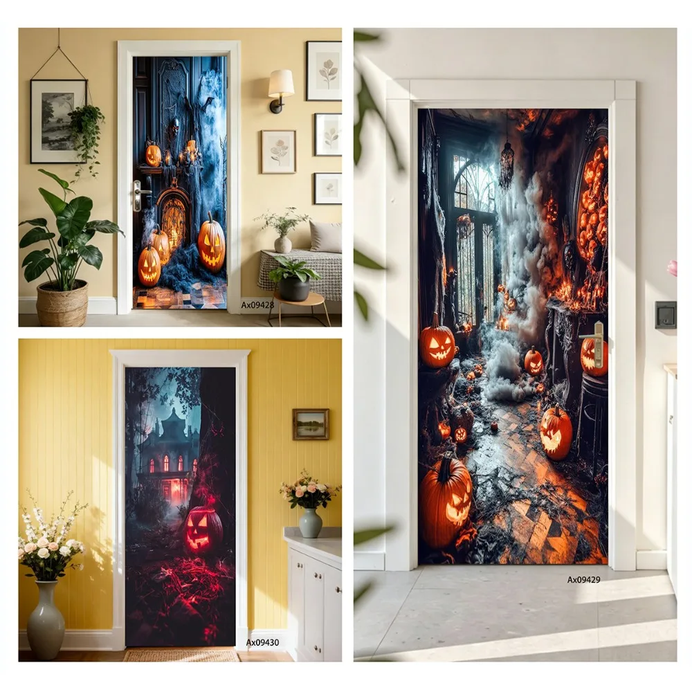 Scary Halloween Haunted House Door Decor Sticker Self‑Adhesive Vinyl Door Cover Decal for Home Party Waterproof Decoration
