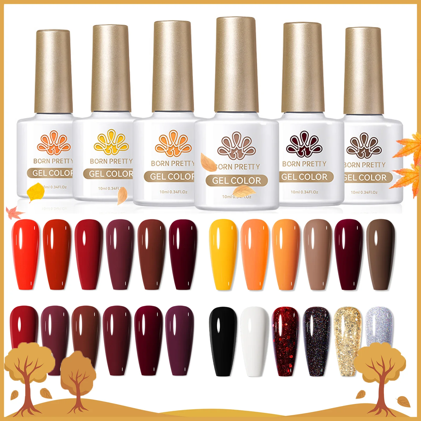 BORN PRETTY 6 pz/set Autunno Giallo Rosso Marrone Kit Smalto Gel Soak off UV LED Set di smalti semipermanenti per unghie