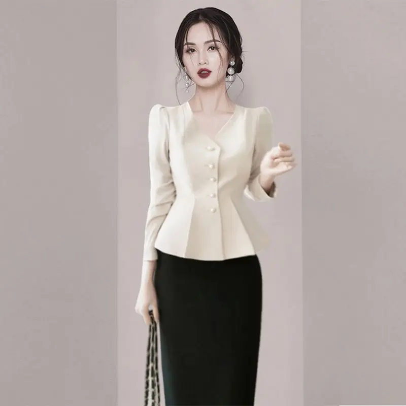 Set French Vintage Hong Kong Design Sense Dress Female 2023 Spring New Women Long Sleeve V-Neck Two Piece Set Of Dress Female