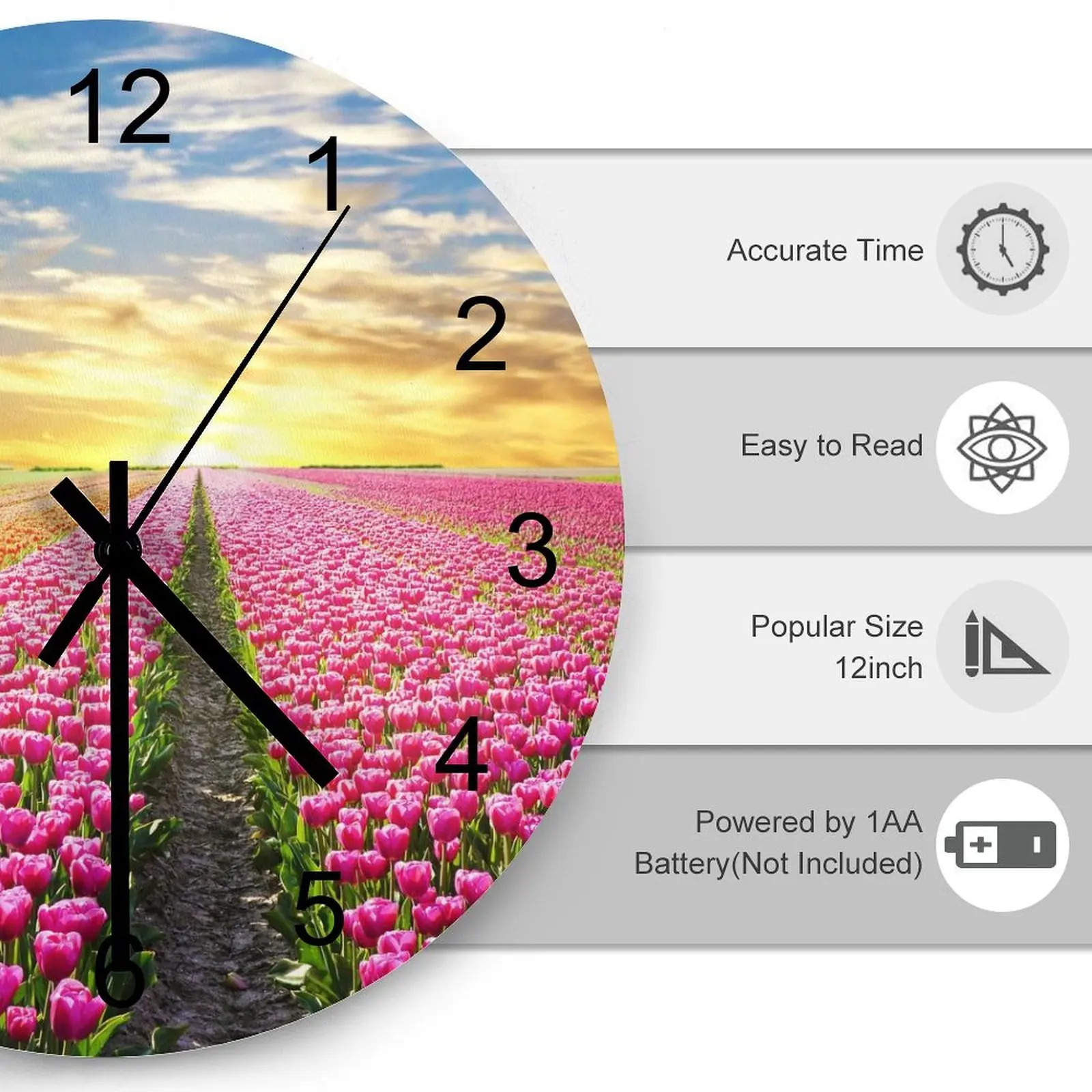 Nursery Wall Clock Uniform Flowers Nature Clocks 12 inch Silent Fashion Round 3D Display Ultra Thin Nordic