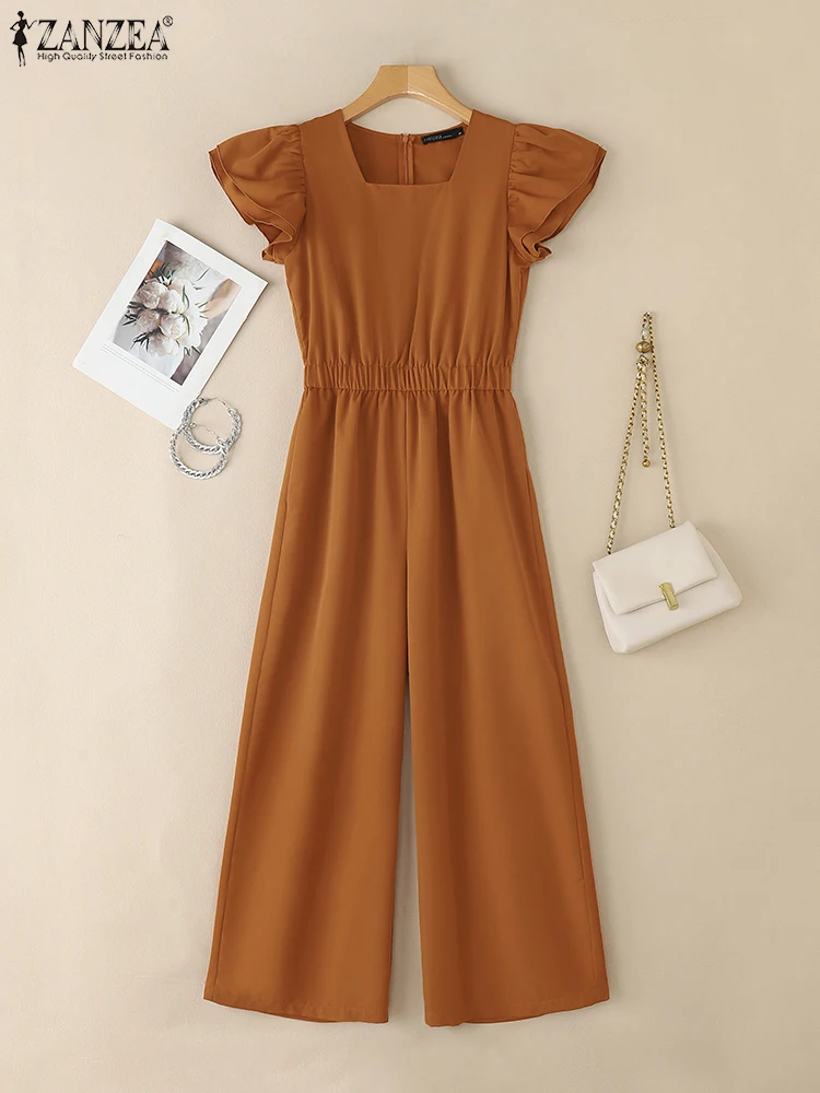 

ZANZEA Ruffles Sleeve Fashion Rompers Elegant Streetwear Summer High Waisted Overalls Wide-Leg Pant Square Neck Woman Jumpsuits