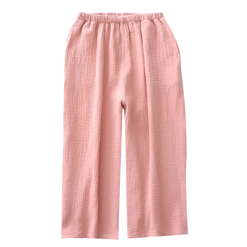 Summer Cotton Gauze Round Neck Solid Half Sleeve Pajamas Calf-Length Pants Sleepwear 6 Color T-shirt + 4 Color Pants Home Pijama