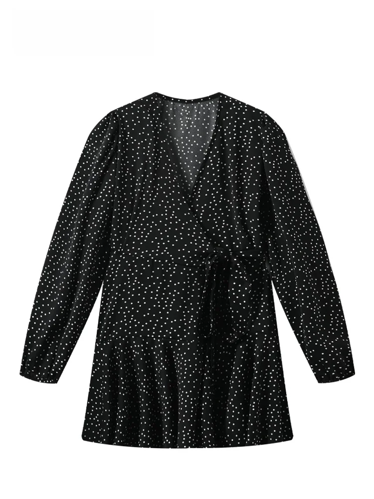 

plus Size Long Sleeve V-Neck Polka Dot Dress Women's Spring New Style Casual Standard Fit Satin Cotton Polyester Short Dress