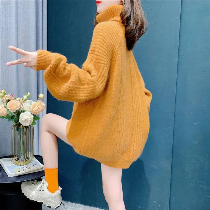 Vintage Turtleneck Pullover Women\'s Outside Wear Autumn Winter 2024 New Fashion Loose Long-Sleeved Knitted Sweater Jacket