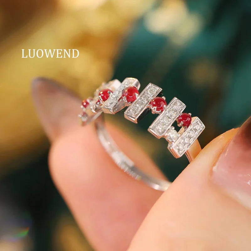 

LUOWEND 100% 18K White Gold Rings Fashion Piano Keys Shape Real Natural Diamond Natural Ruby Ring for Women High Wedding Jewelry