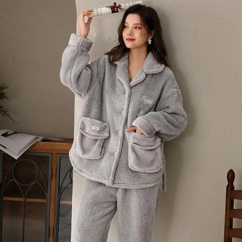

Thickened Pajamas Women Autumn Winter New Coral Fleece Flannel Suit Cute Kawaii Nightwear High Gram Weight Warm Homewear Set